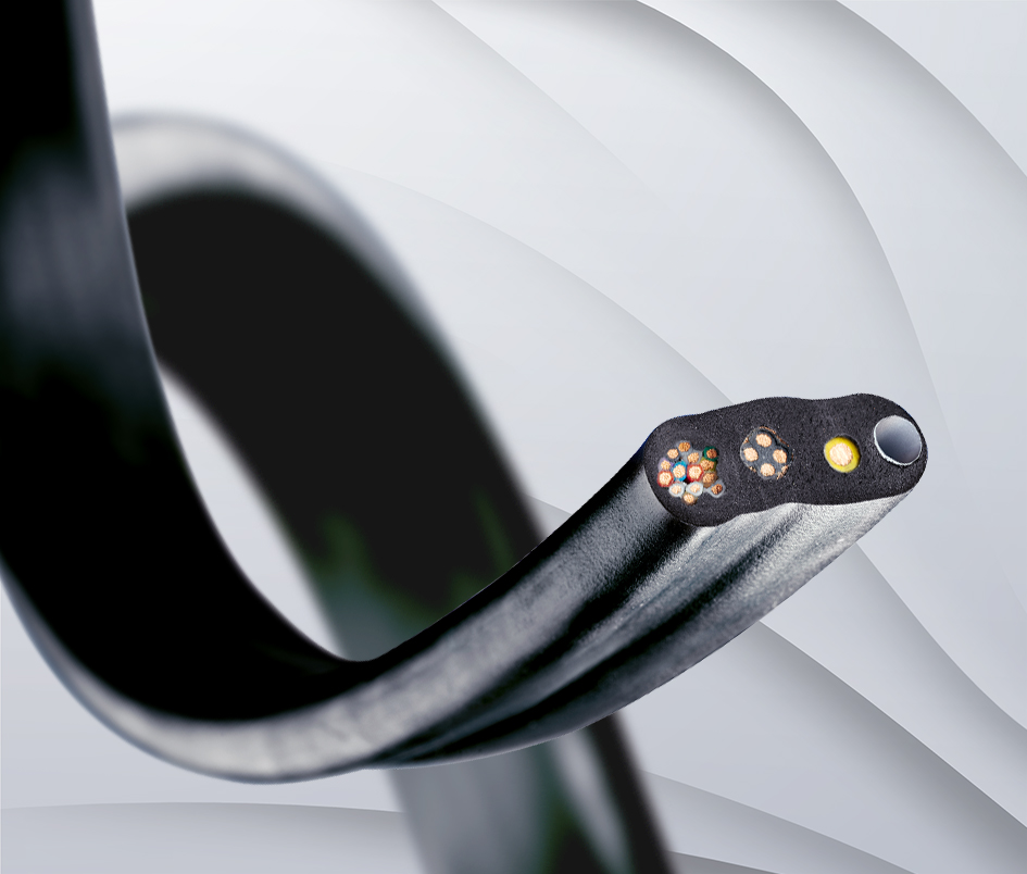 Black elocab high-performance flat cable with integrated conductors, designed for flexible movement and compact cable routing